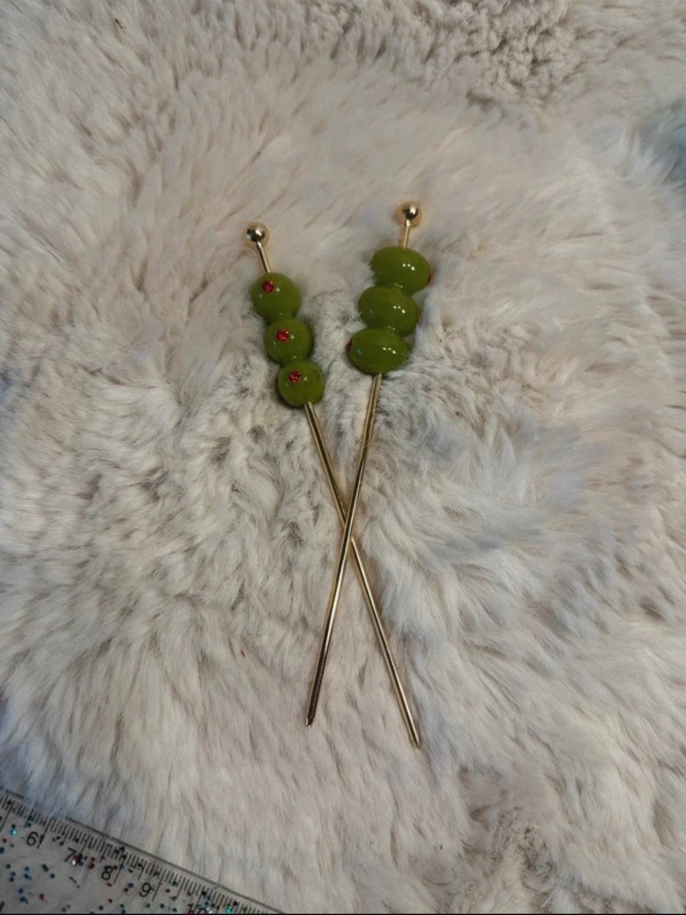 Martini mid century modern Green Olive Bead Hair Stick Pair - Women Jewelry